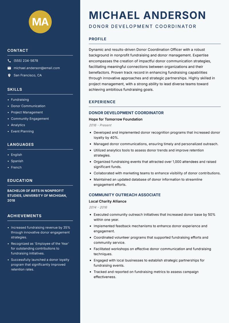 Donor Coordination Officer Resume Preview Example
