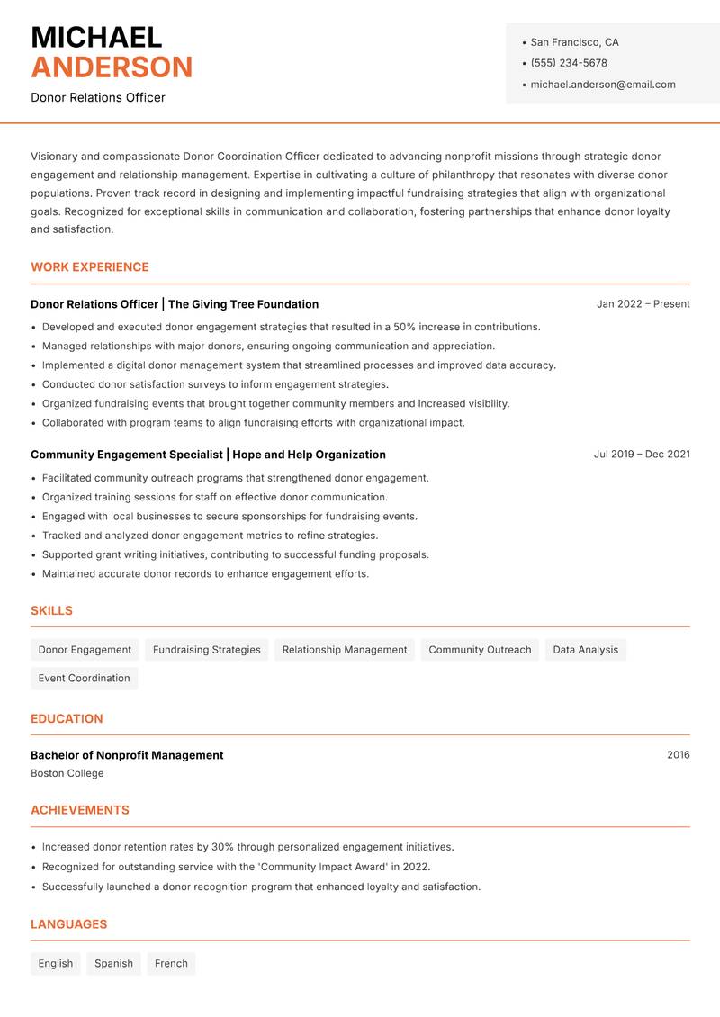 Donor Coordination Officer Resume Template