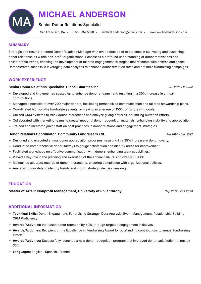 Donor Relations Manager Resume Preview Example