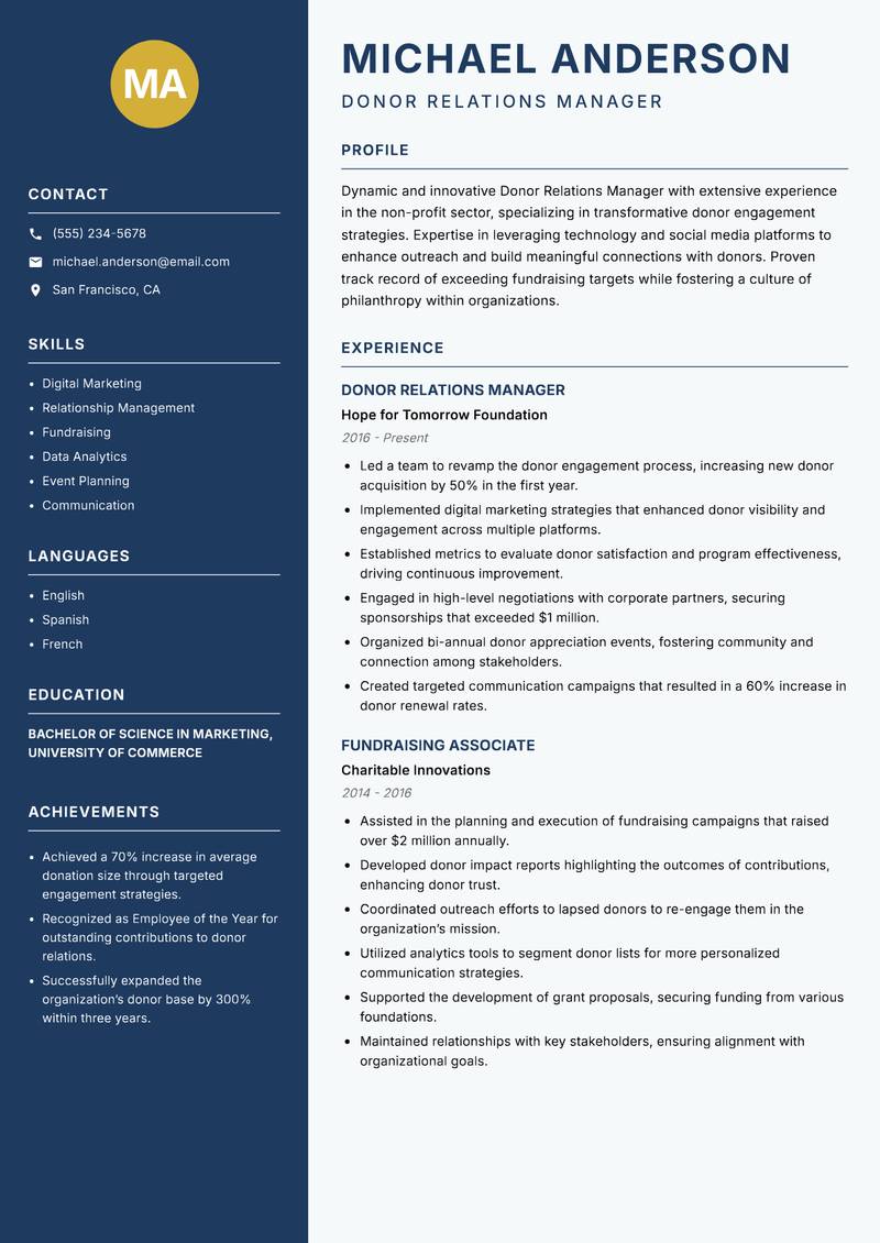 Donor Relations Manager Resume Preview Example