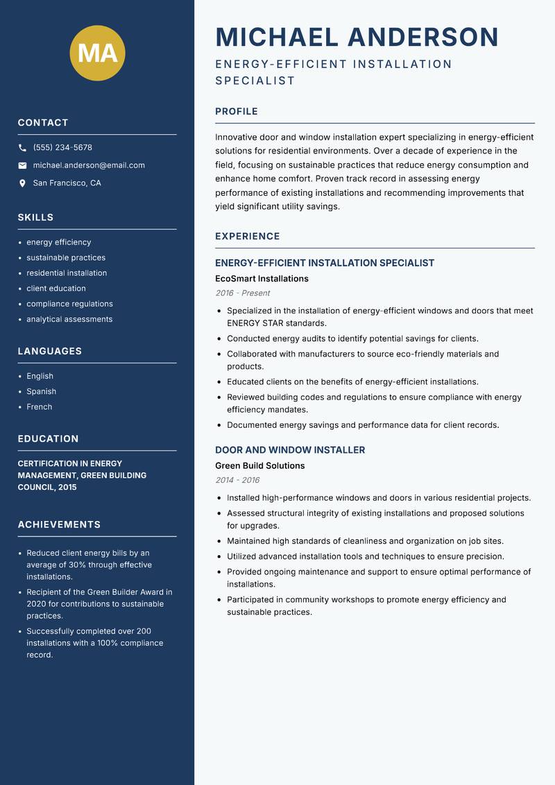 Door and Window Installer Resume Preview Example