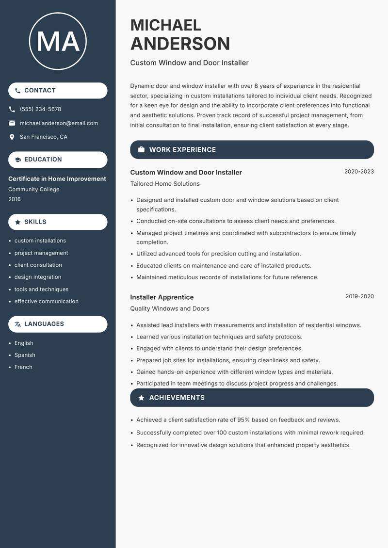 Door and Window Installer Resume Preview Example