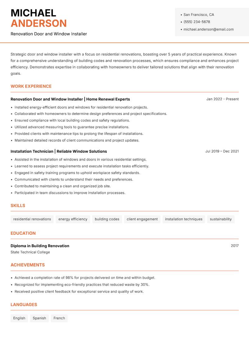Door and Window Installer Resume Template