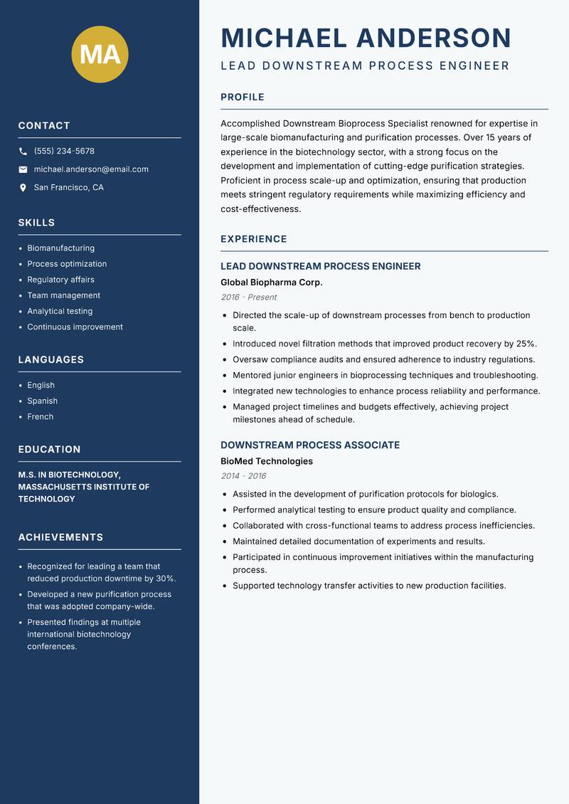 Downstream Bioprocess Specialist Resume Preview Example