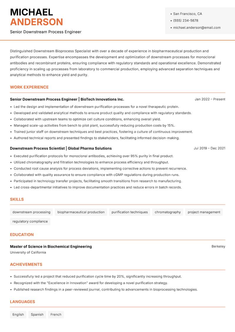 Downstream Bioprocess Specialist Resume Template