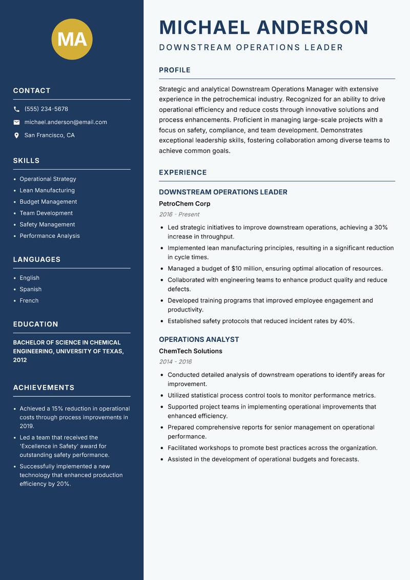 Downstream Operations Manager Resume Preview Example