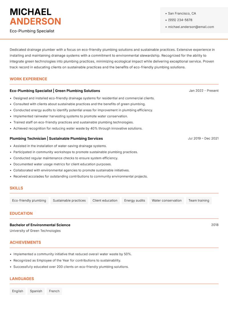 Drainage Plumber Resume Template