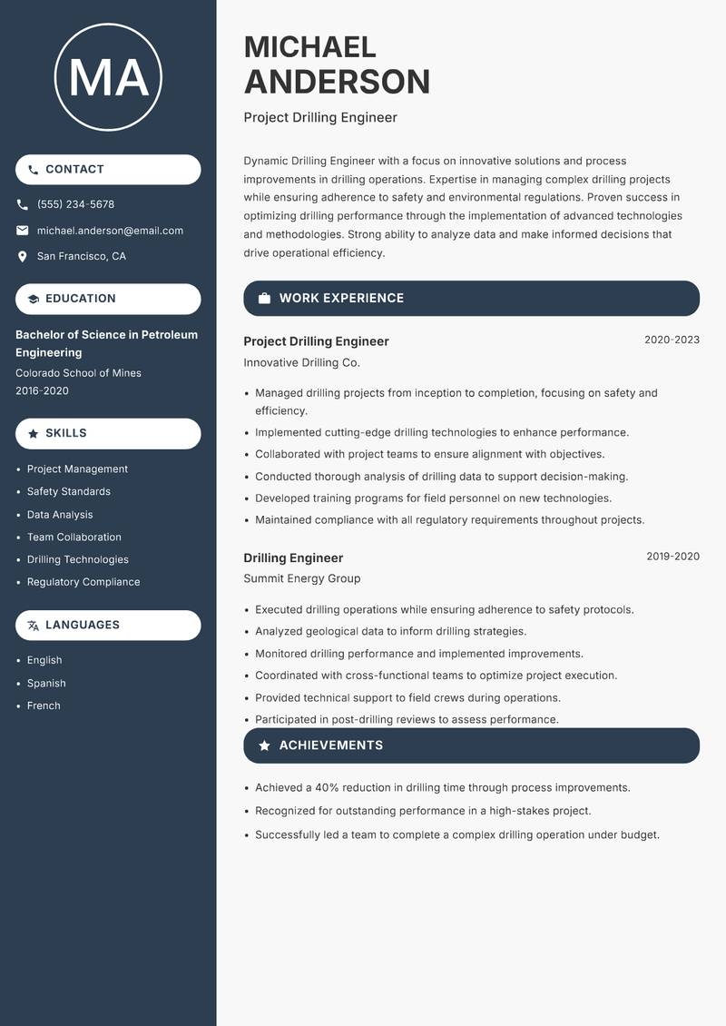 Drilling Engineer Resume Preview Example