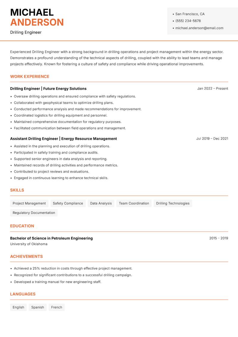 Drilling Engineer Resume Template