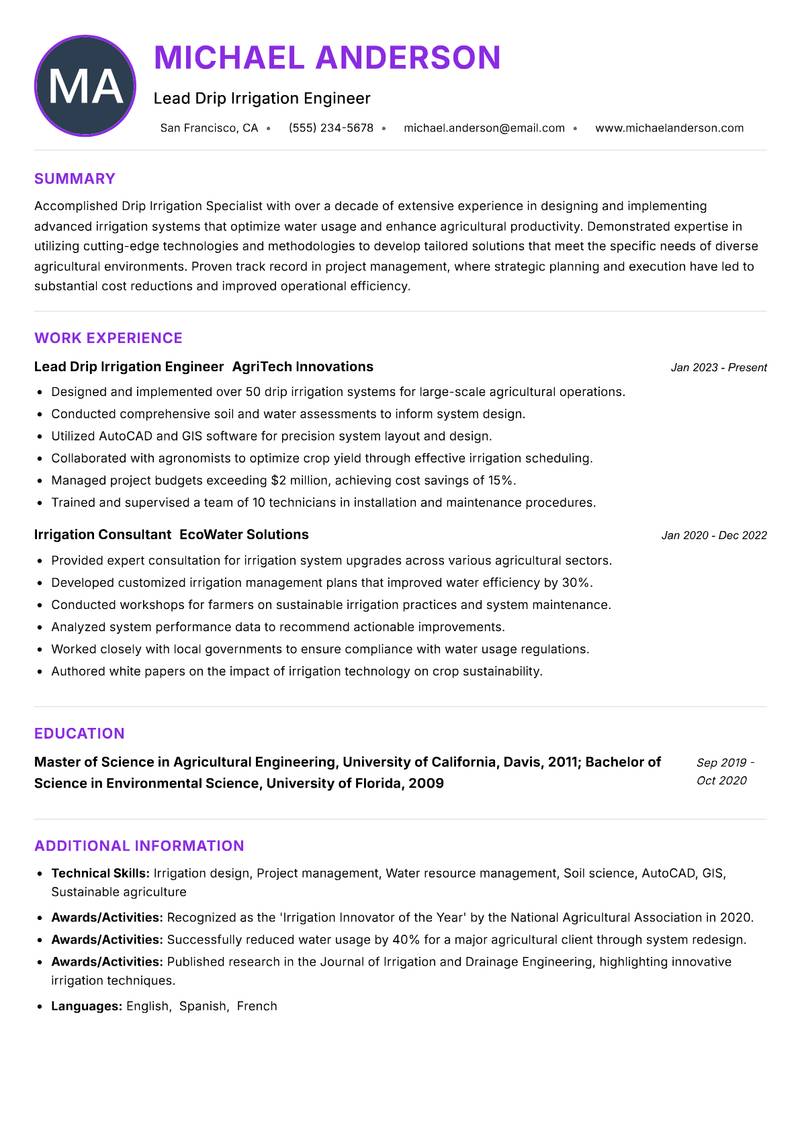 Drip Irrigation Specialist Resume Preview Example