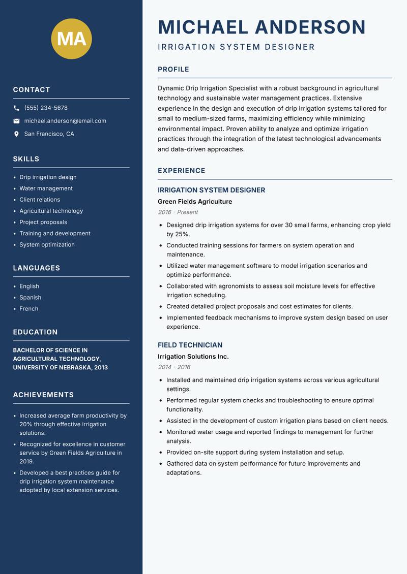 Drip Irrigation Specialist Resume Preview Example