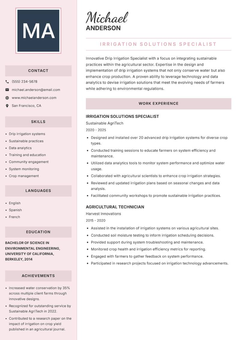 Drip Irrigation Specialist Resume Preview Example