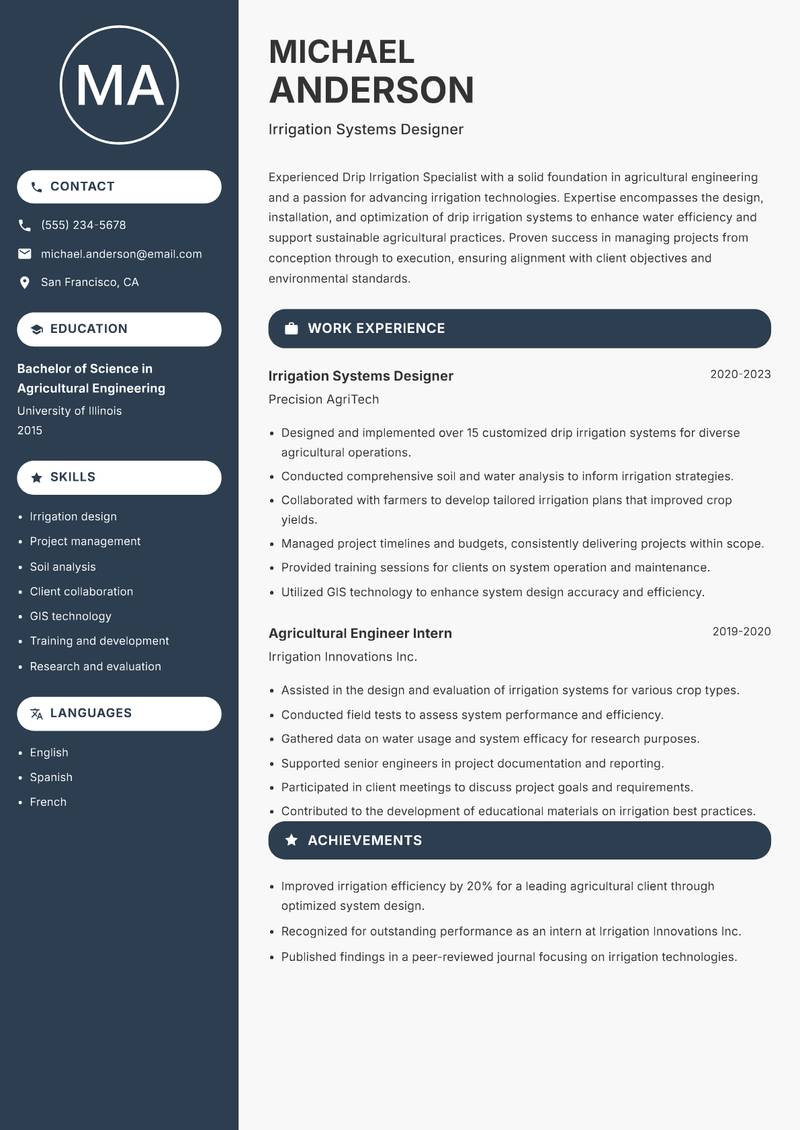 Drip Irrigation Specialist Resume Preview Example