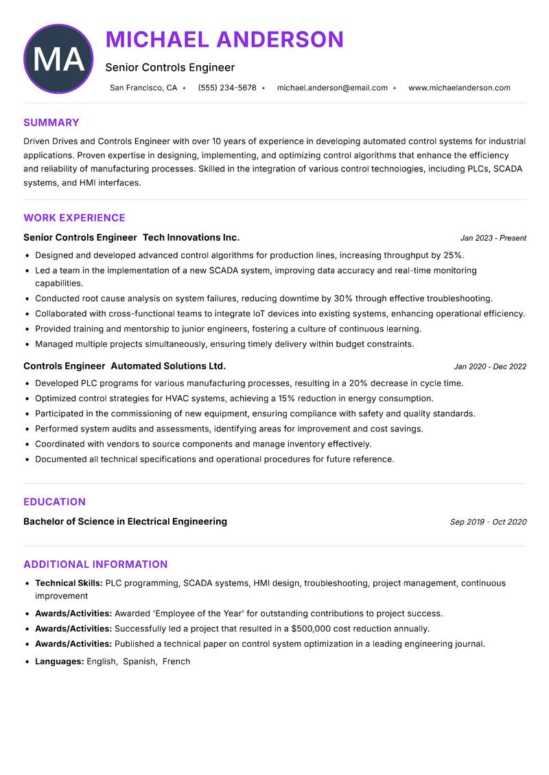 Drives and Controls Engineer Resume Preview Example