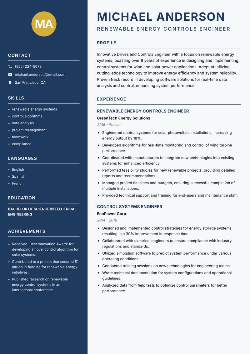 Drives and Controls Engineer Resume Preview Example