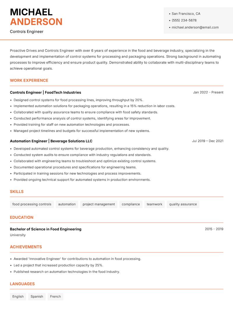 Drives and Controls Engineer Resume Template