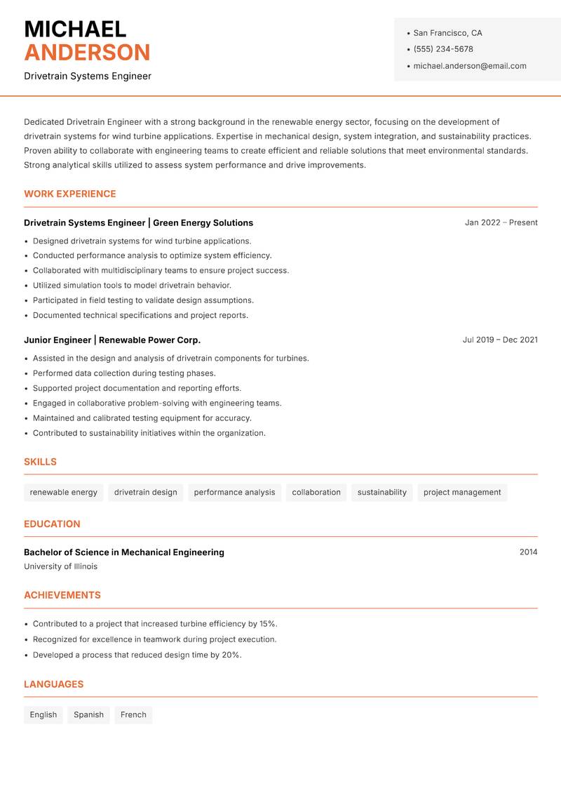 Drivetrain Engineer Resume Template