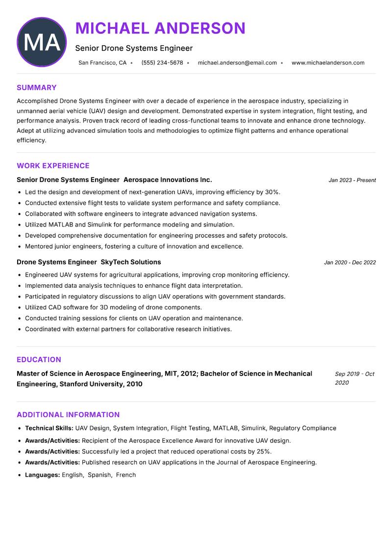 Drone Systems Engineer Resume Preview Example