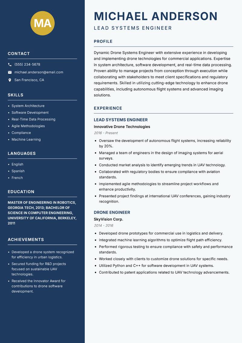 Drone Systems Engineer Resume Preview Example