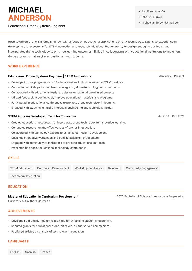 Drone Systems Engineer Resume Template