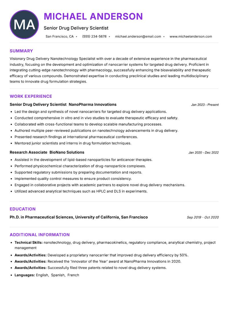 Drug Delivery Nanotechnology Specialist Resume Preview Example