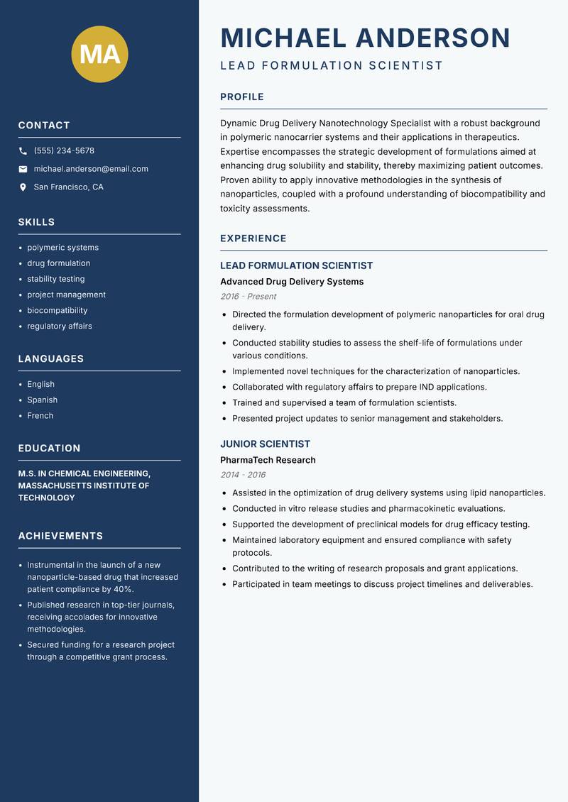Drug Delivery Nanotechnology Specialist Resume Preview Example