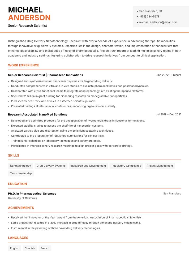 Drug Delivery Nanotechnology Specialist Resume Template