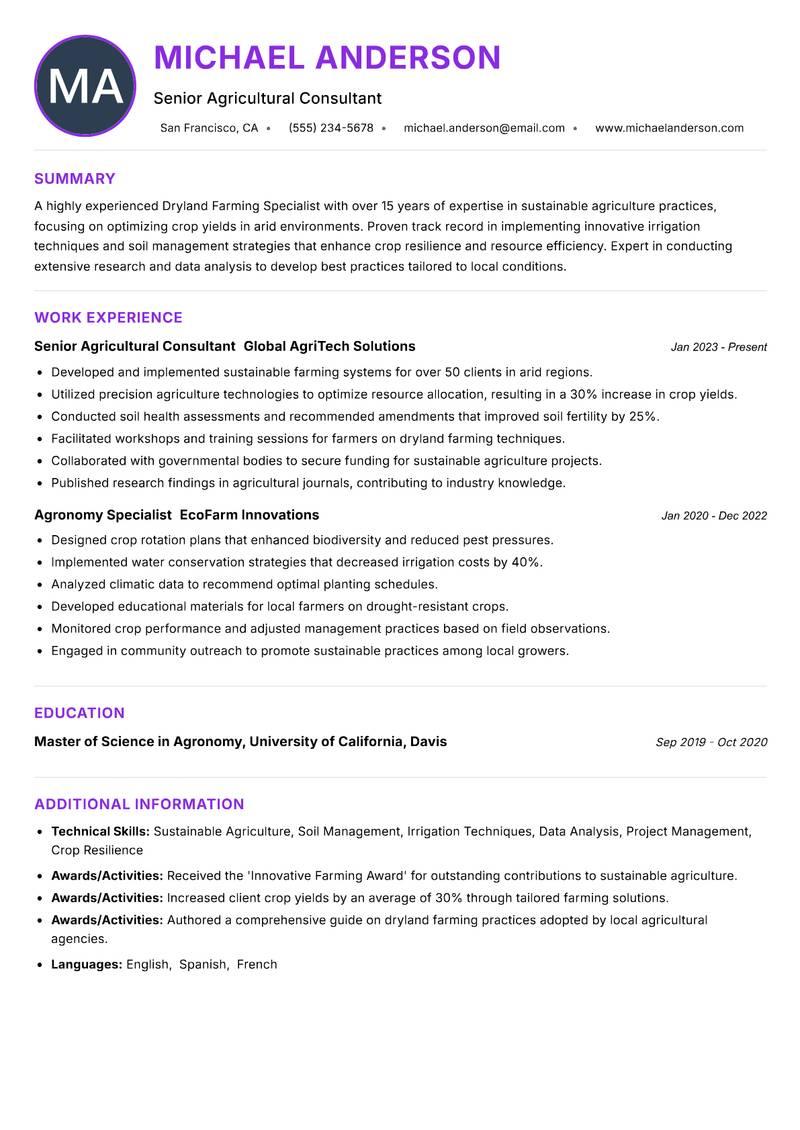 Dryland Farming Specialist Resume Preview Example