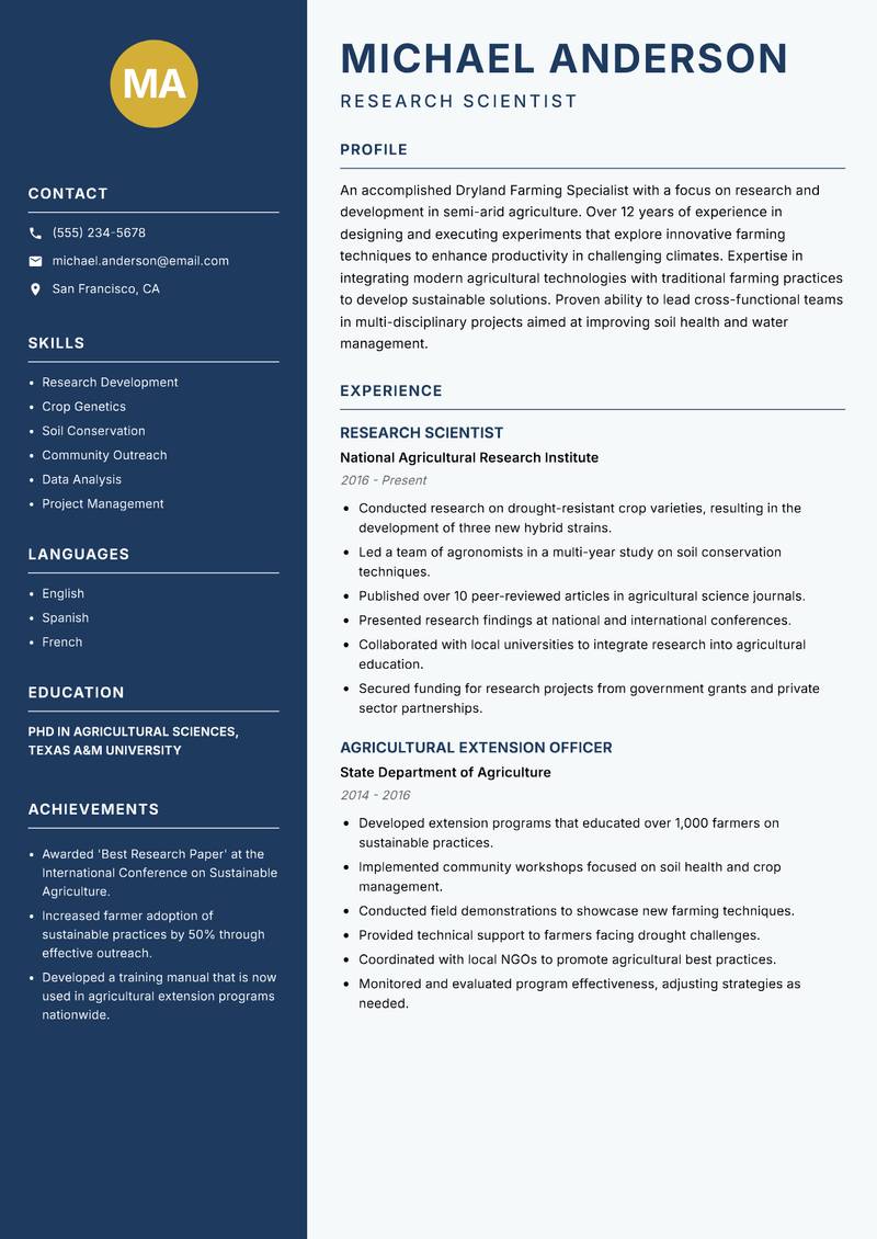 Dryland Farming Specialist Resume Preview Example