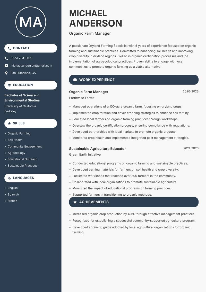 Dryland Farming Specialist Resume Preview Example