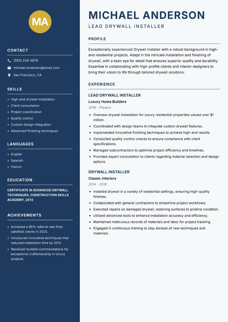 Drywall Installer Resume Preview Example