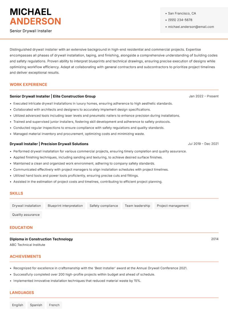 Drywall Installer Resume Template