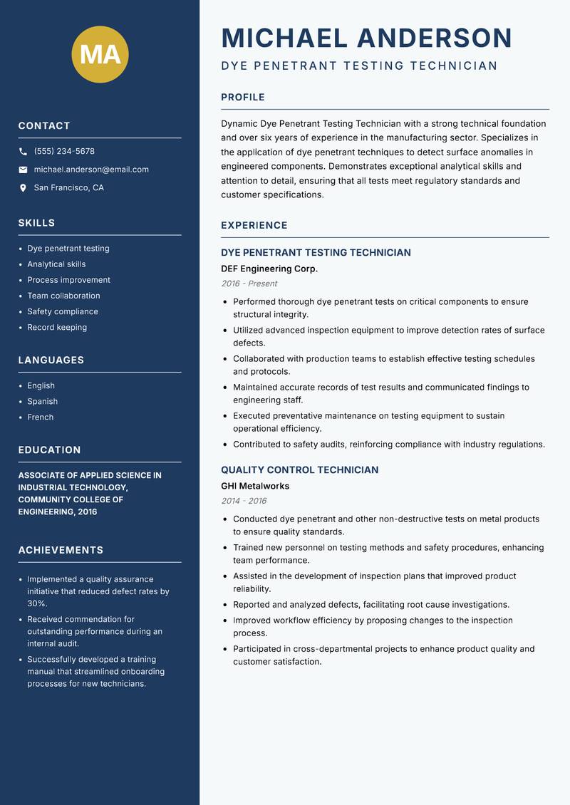Dye Penetrant Testing Technician Resume Preview Example