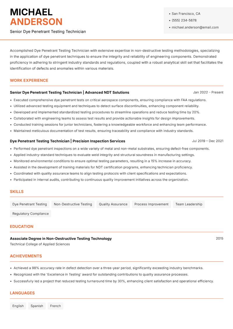 Dye Penetrant Testing Technician Resume Template