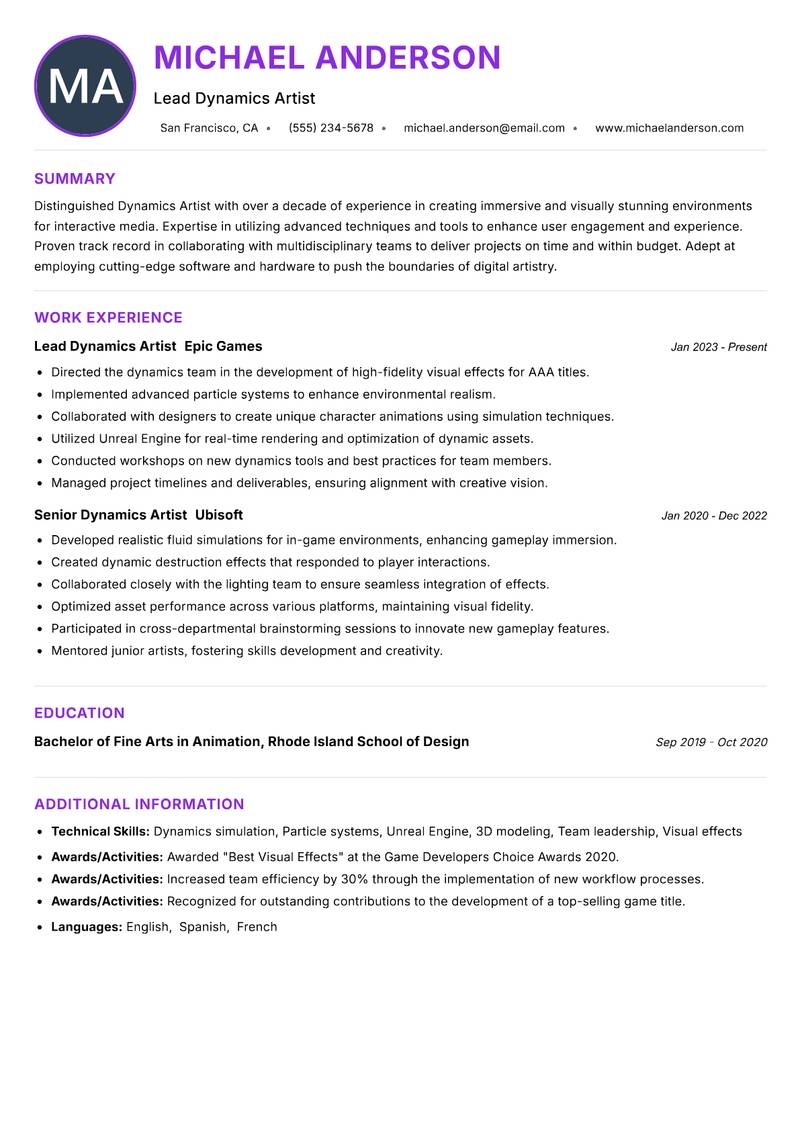 Dynamics Artist Resume Preview Example