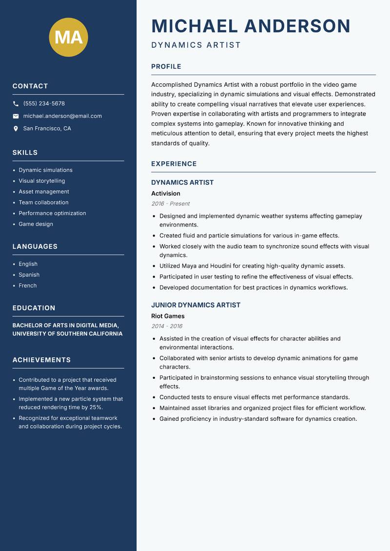 Dynamics Artist Resume Preview Example