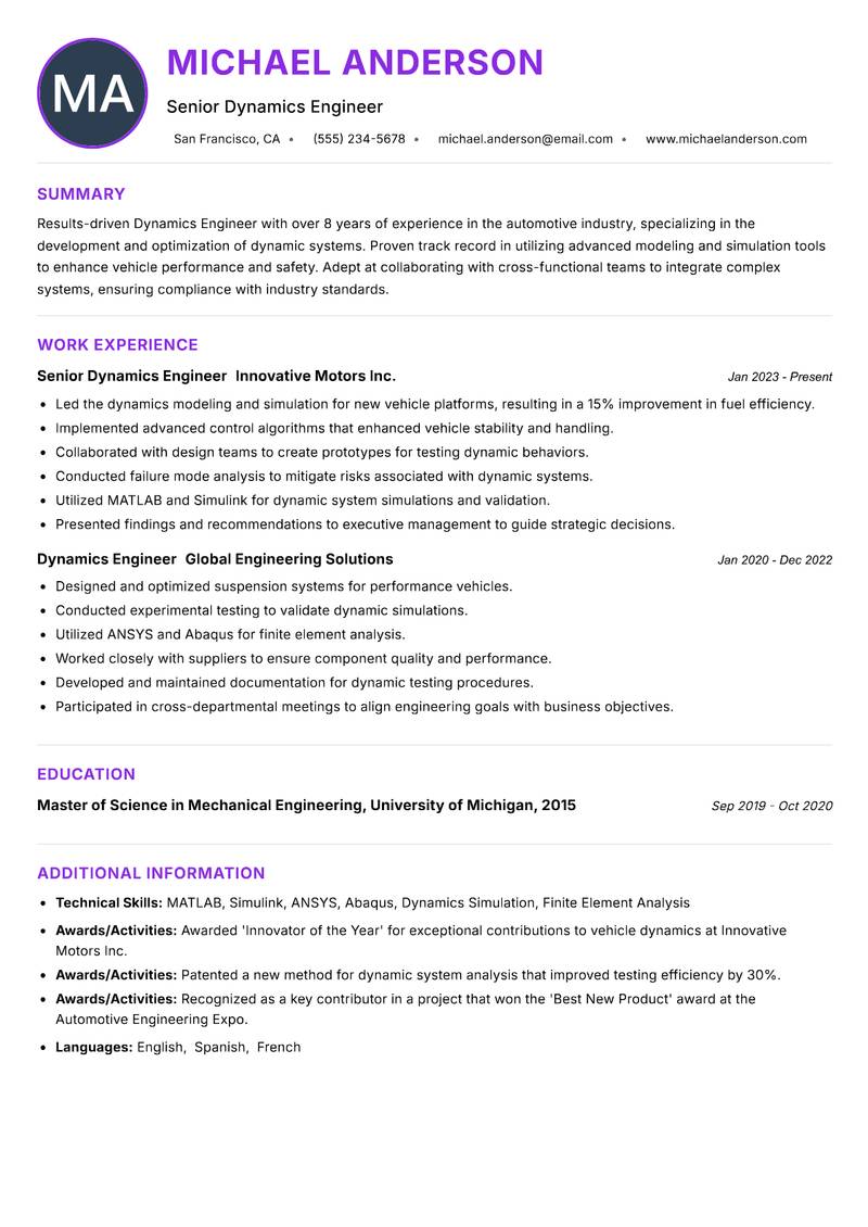 Dynamics Engineer Resume Preview Example