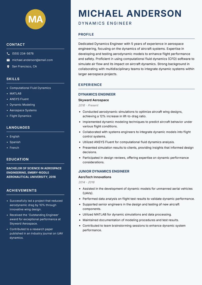 Dynamics Engineer Resume Preview Example