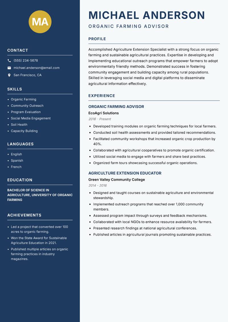 e Agriculture Extension Specialist Resume Preview Example