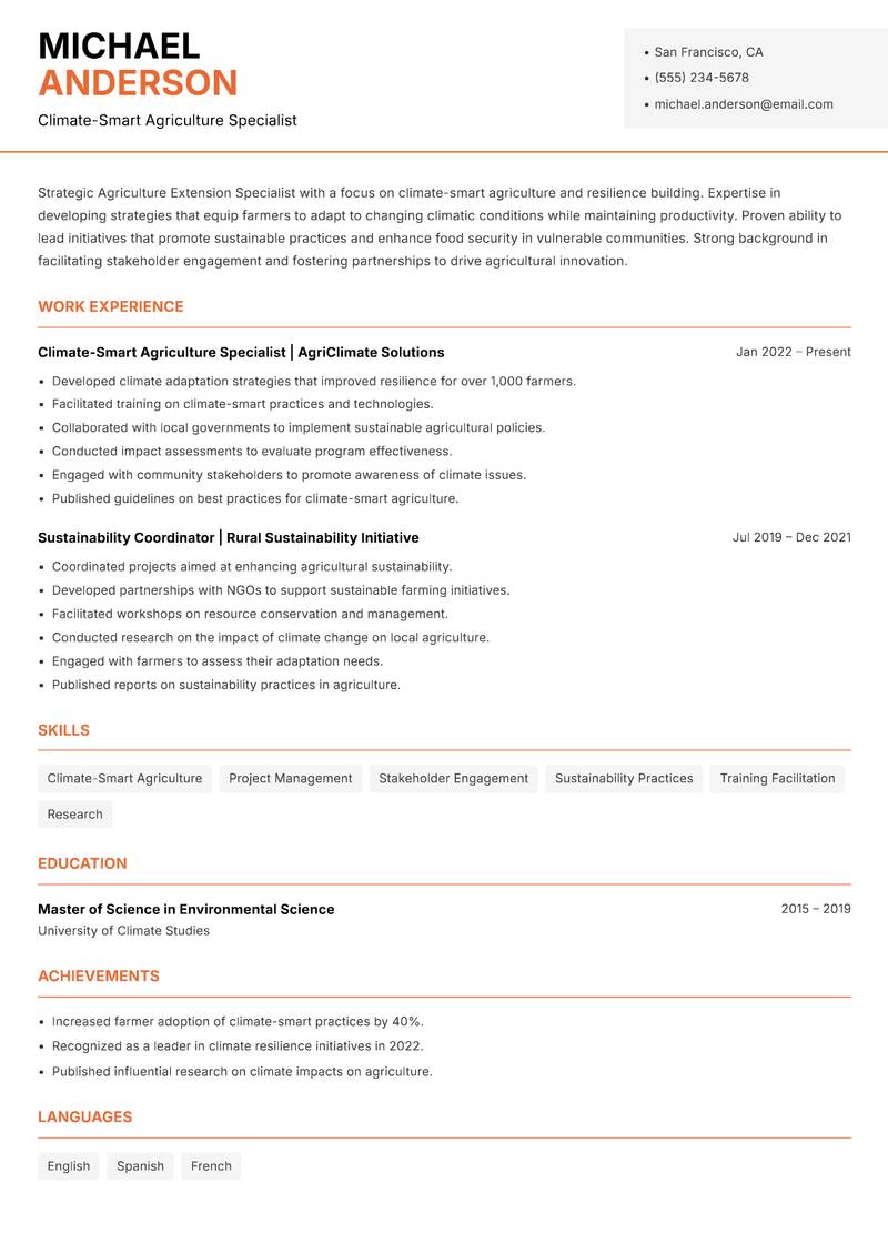 e Agriculture Extension Specialist Resume Template