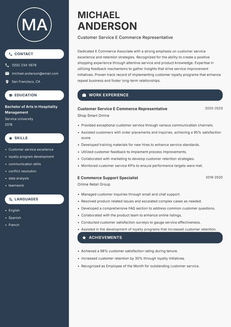 E Commerce Associate Resume Preview Example