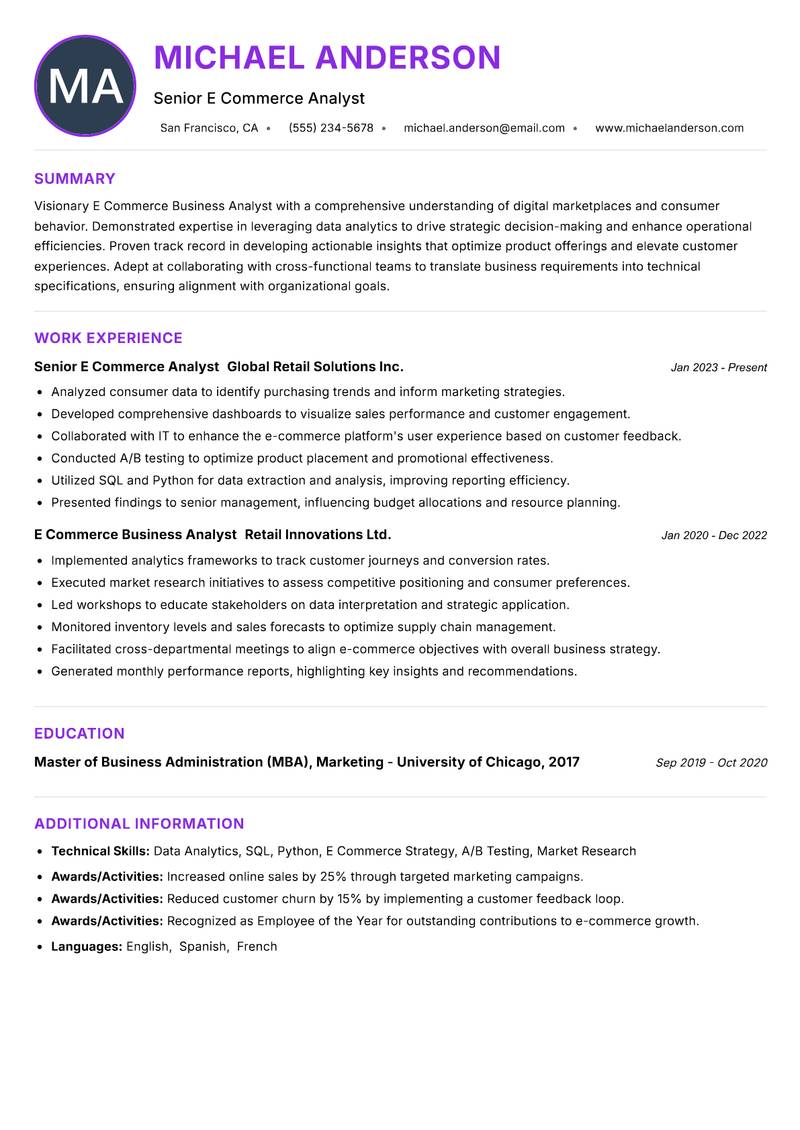 E Commerce Business Analyst Resume Preview Example