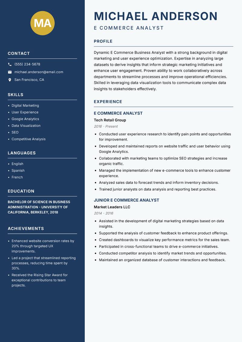 E Commerce Business Analyst Resume Preview Example