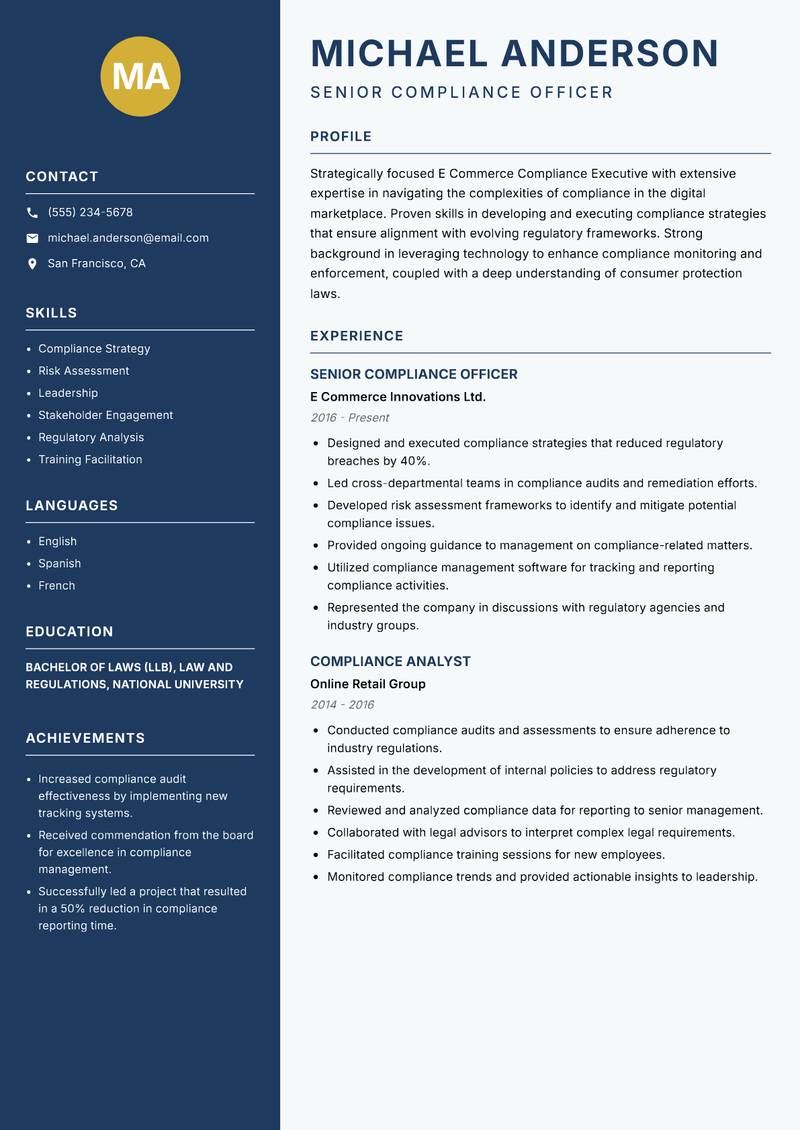 E Commerce Compliance Executive Resume Preview Example