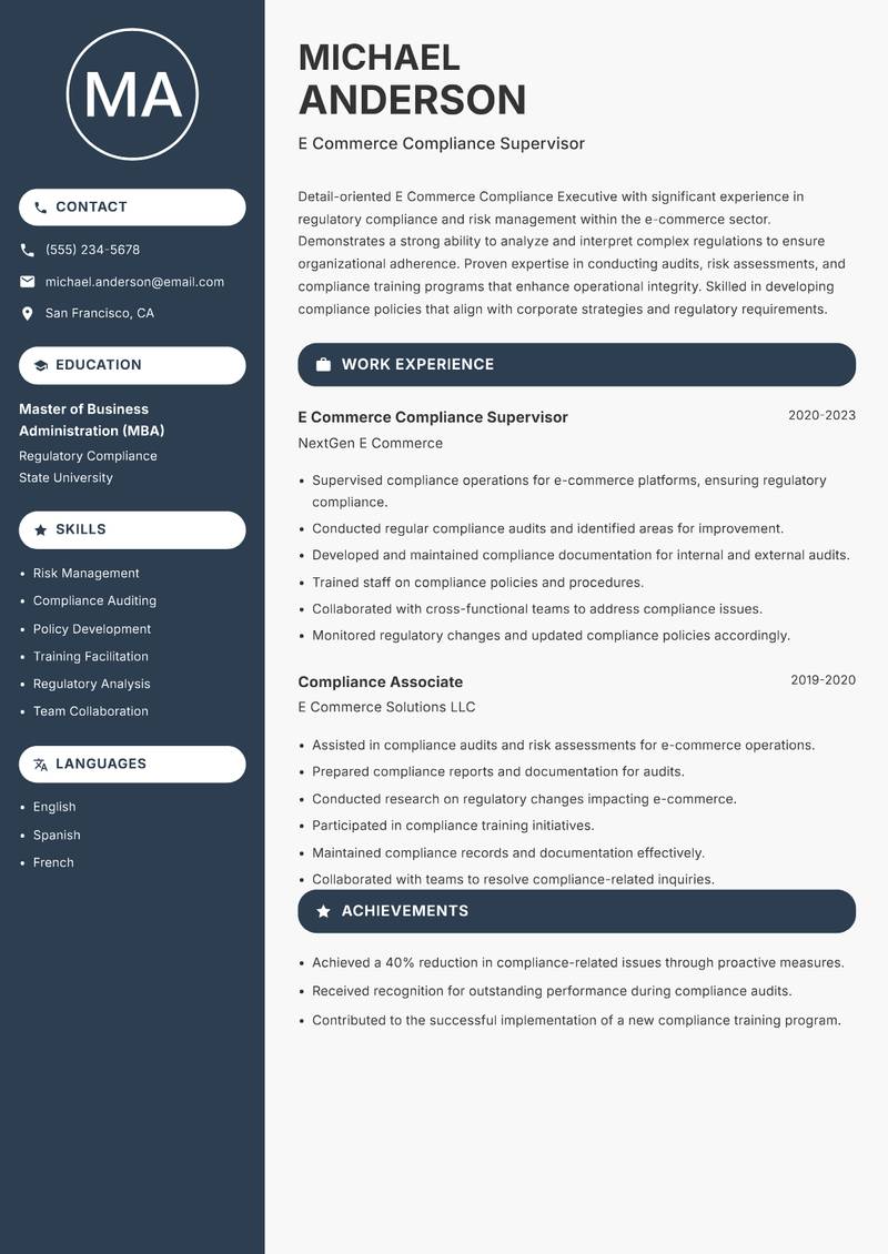 E Commerce Compliance Executive Resume Preview Example