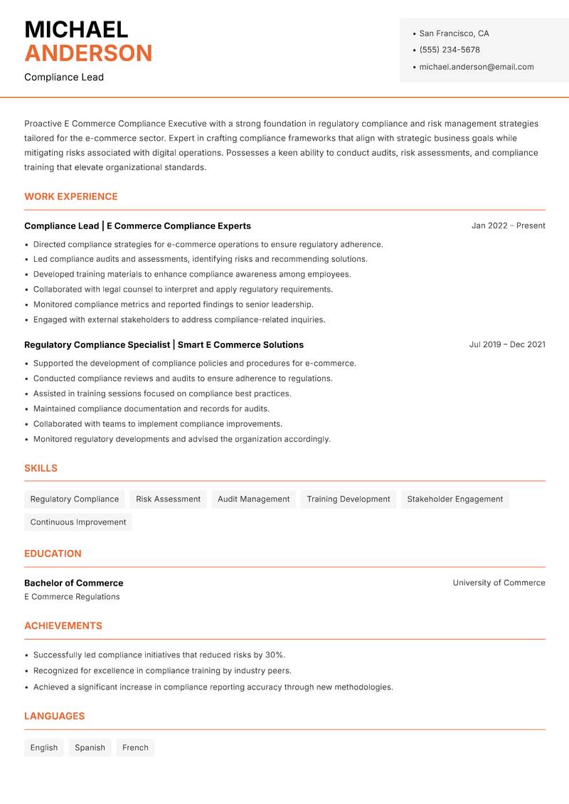 E Commerce Compliance Executive Resume Template