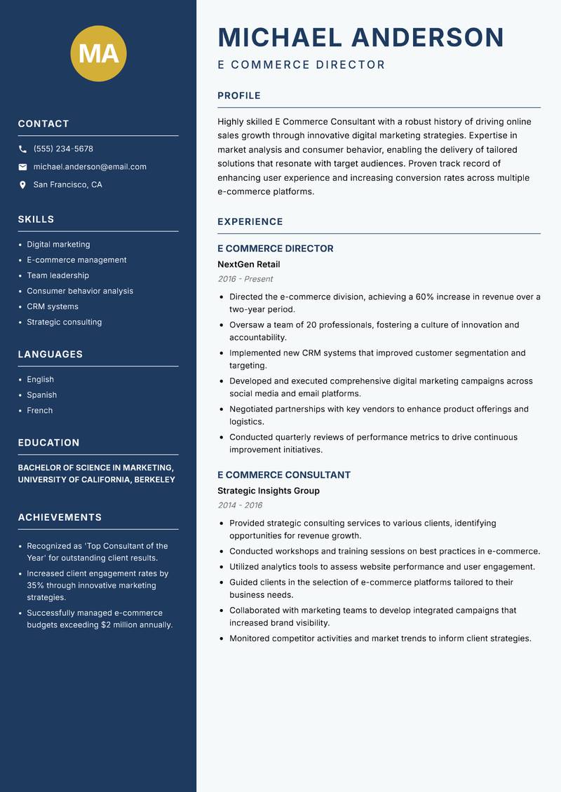 E Commerce Consultant Resume Preview Example