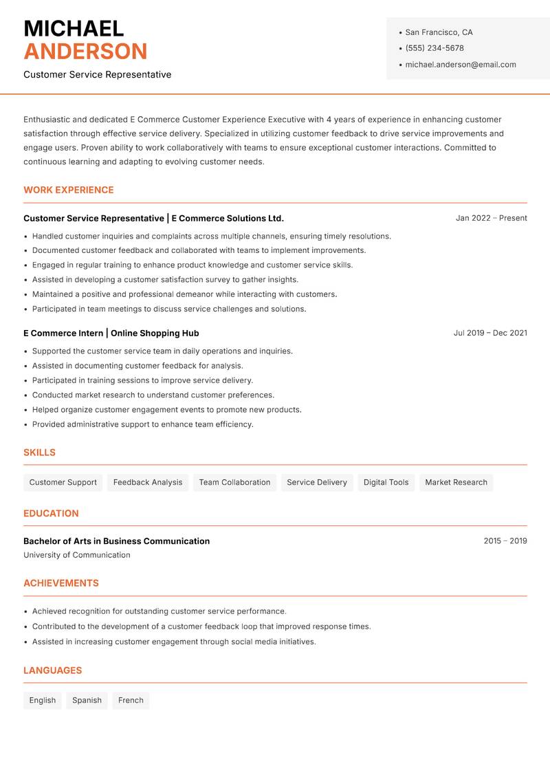 E Commerce Customer Experience Executive Resume Template