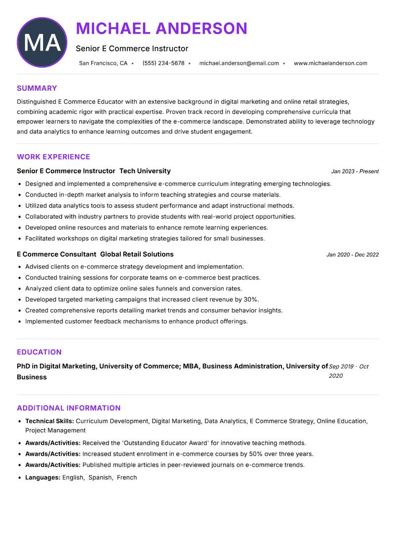 E Commerce Educator Resume Preview Example