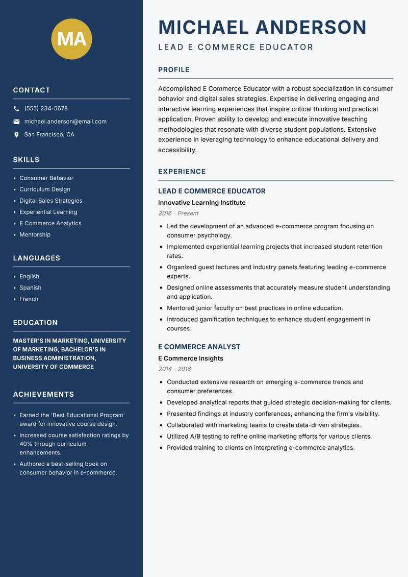 E Commerce Educator Resume Preview Example